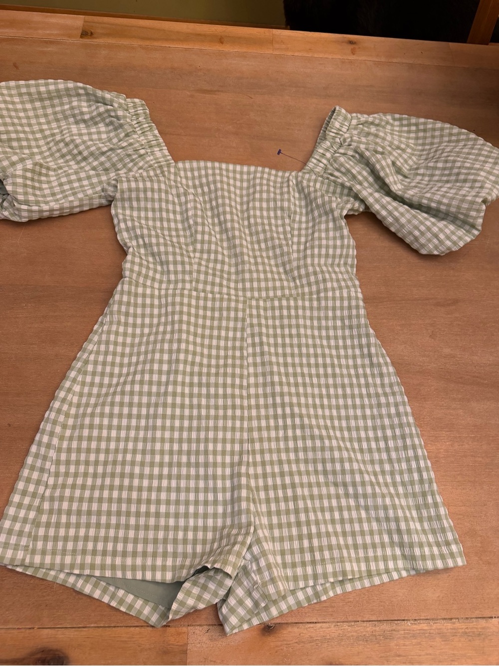 Altar'd State Green Gingham Puff-Sleeve Romper